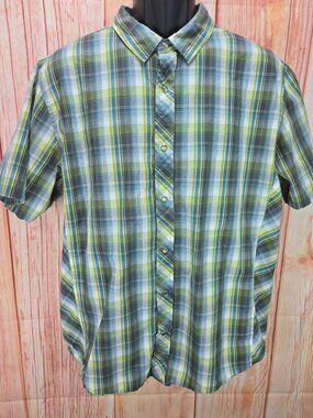 PrAna Mens Short Sleeve Green Plaid Shirt Large Organic Cotton